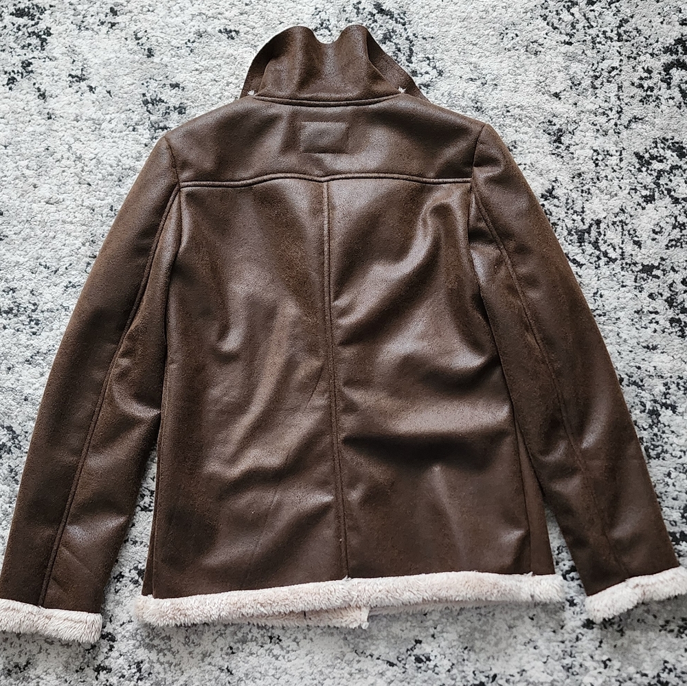*SOLD* MISS LONDON Faux Leather Aviator Jacket Womens Size M Brown Cream - Picture 9 of 10